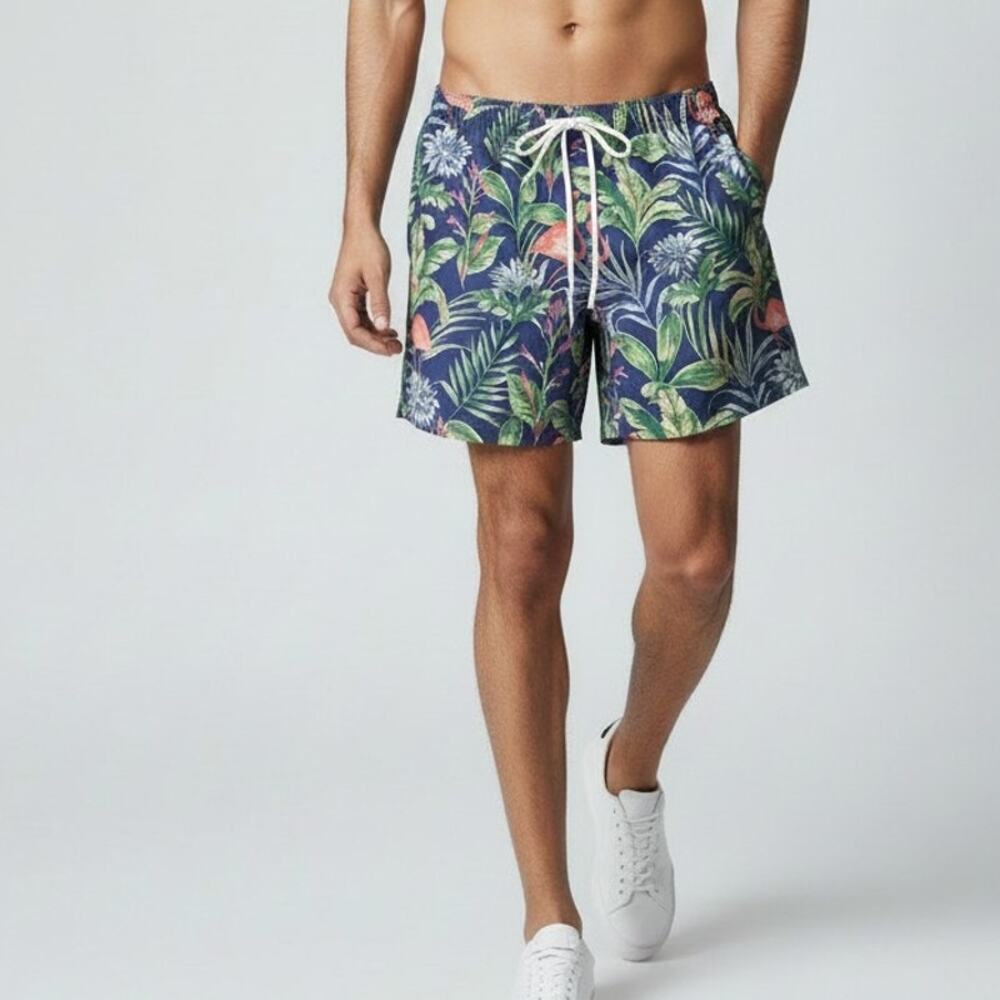NWT J.McLaughlin Gibson Swim Trunks Mens L Navy/Green/Blue  Flamingo Palm Mesh
